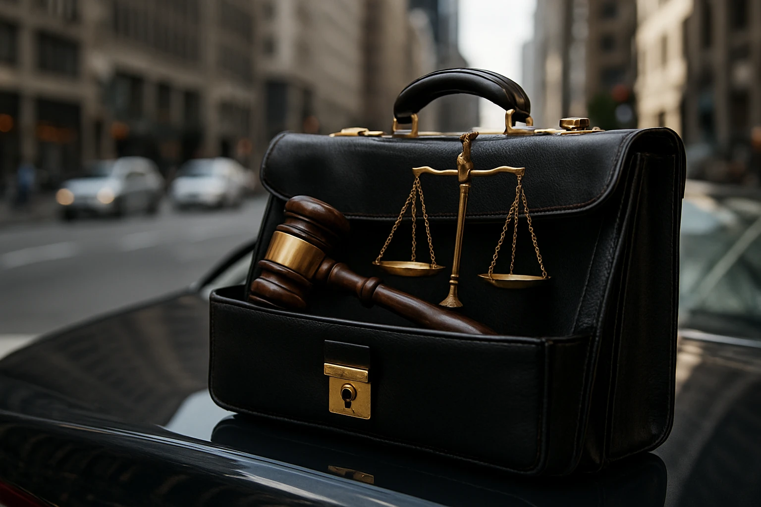 A close-up of a legal briefcase resting on the hood of a car, with a gavel and a scale of justice partially visible inside, set against the backdrop of a busy city street.