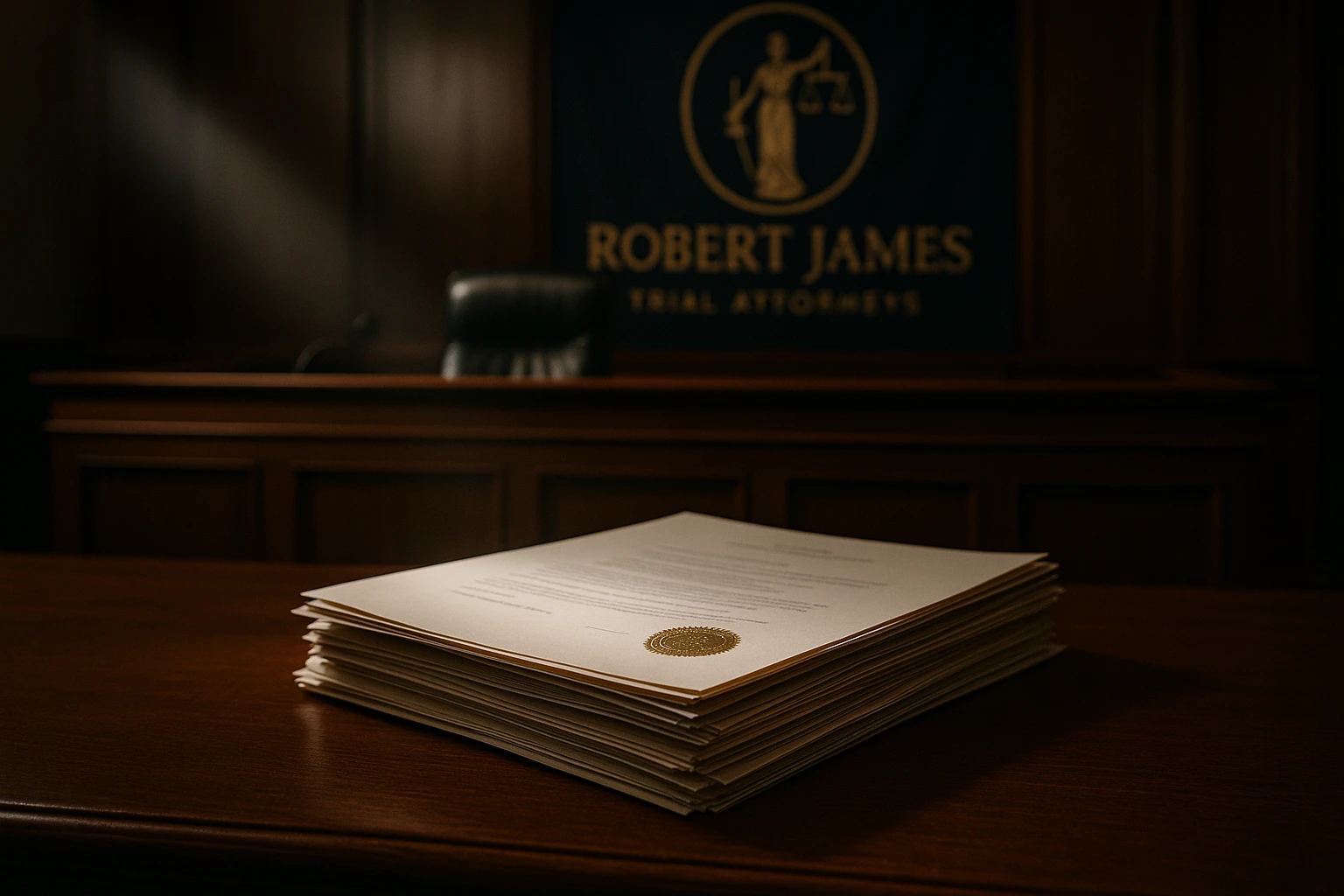 A courtroom scene with a wooden bench, a spotlight on a stack of legal documents marked with a seal, and a prominent display of the Robert James Trial Attorneys logo on a banner hanging in the background.