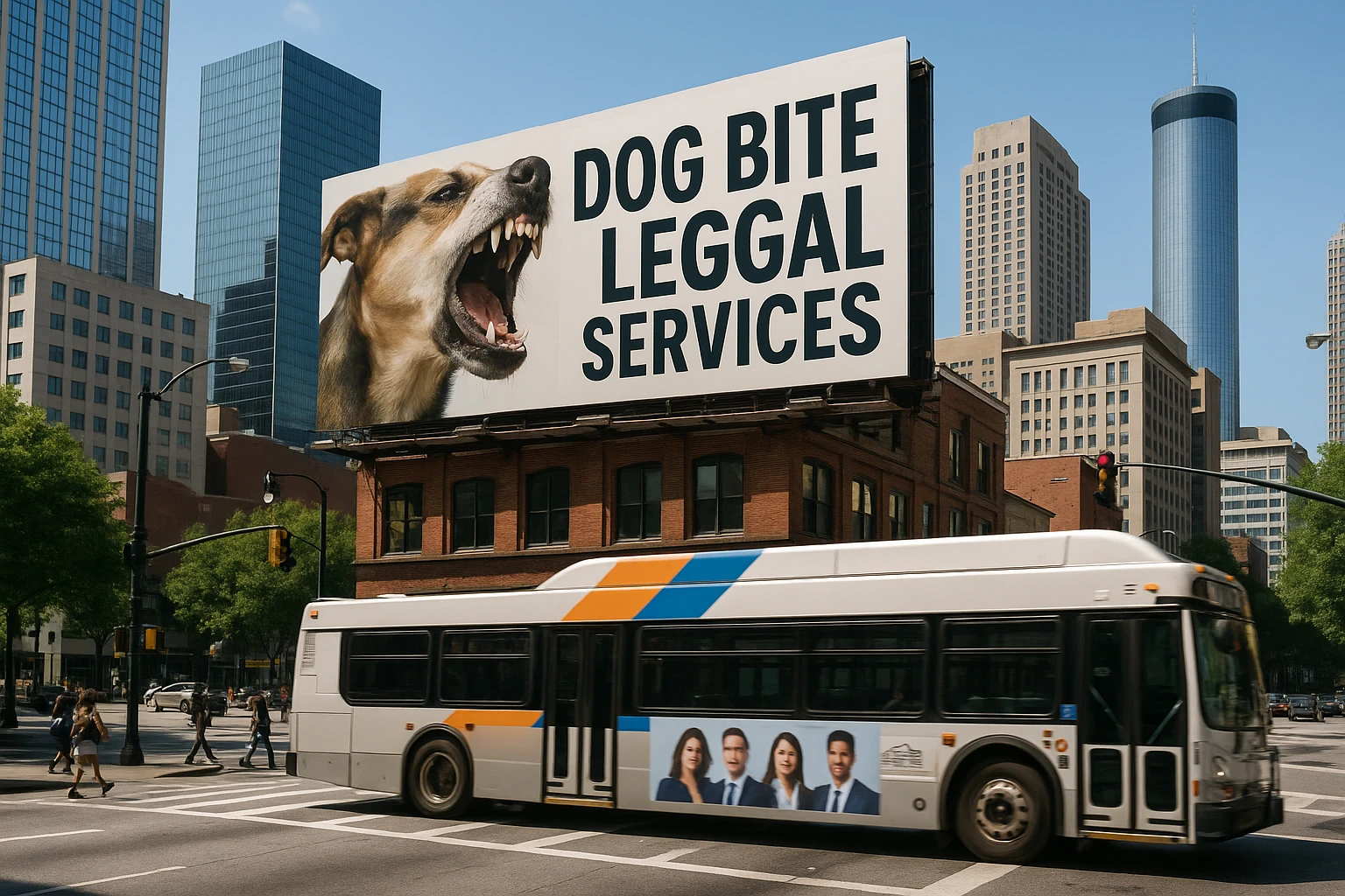 A street view in Atlanta featuring a bustling intersection with a billboard advertising 