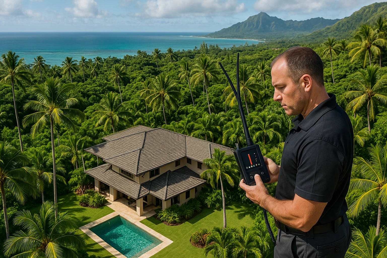 An aerial view of Oahu's lush tropical landscape with a TSCM specialist holding a handheld bug detector near a luxury villa, surrounded by palm trees and the ocean in the distance.