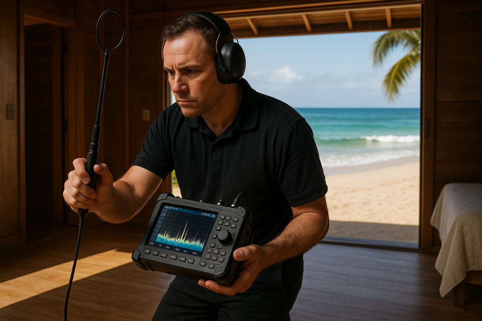 A TSCM technician using a spectrum analyzer and a handheld bug detection device, inspecting a secluded beachfront bungalow on Oahu, with soft sand and Pacific waves visible through large open windows.