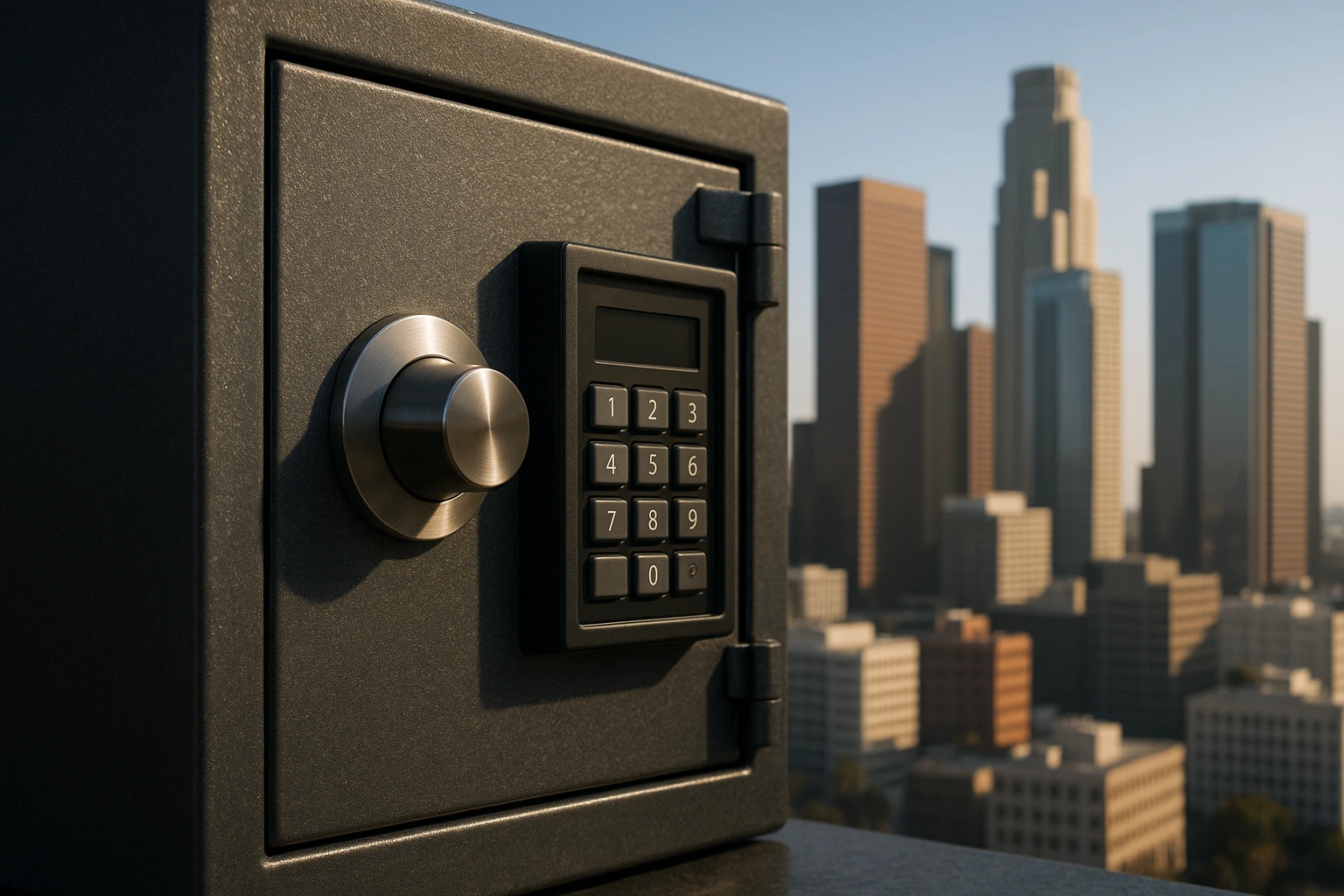 A close-up of a steel safe with a digital keypad, set against a backdrop of Los Angeles skyscrapers, symbolizing the robust cybersecurity measures protecting data in the city.