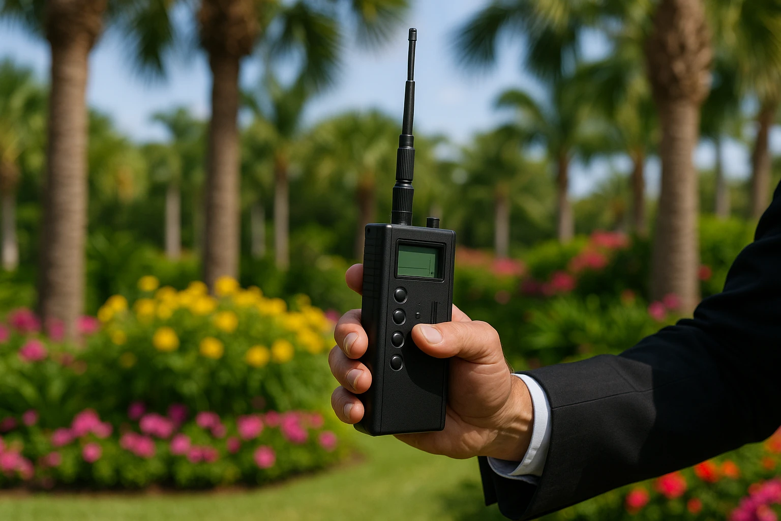 A close-up of a TSCM investigator's hand holding a radio frequency scanner in a lush garden setting in Palm Beach Gardens, surrounded by palm trees and vibrant flowers.