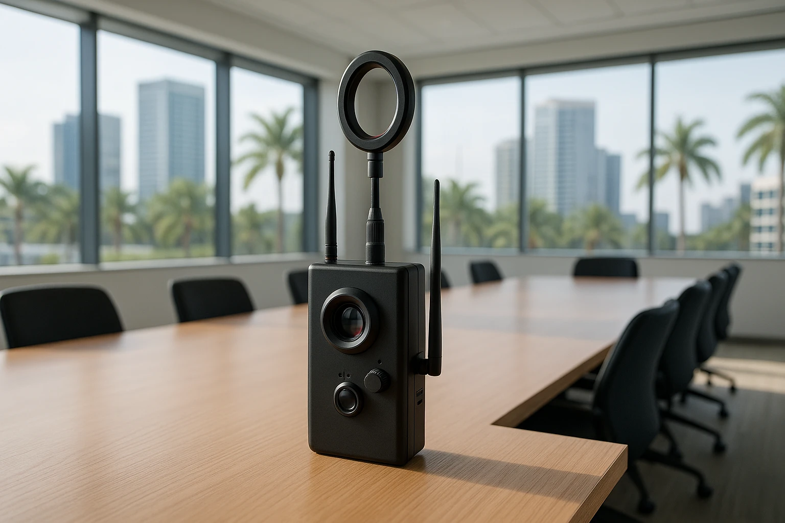 A sleek, advanced surveillance detector on a conference table in a brightly lit office conference room in Palm Beach Gardens, with floor-to-ceiling windows showing a cityscape skyline and palm trees outside.