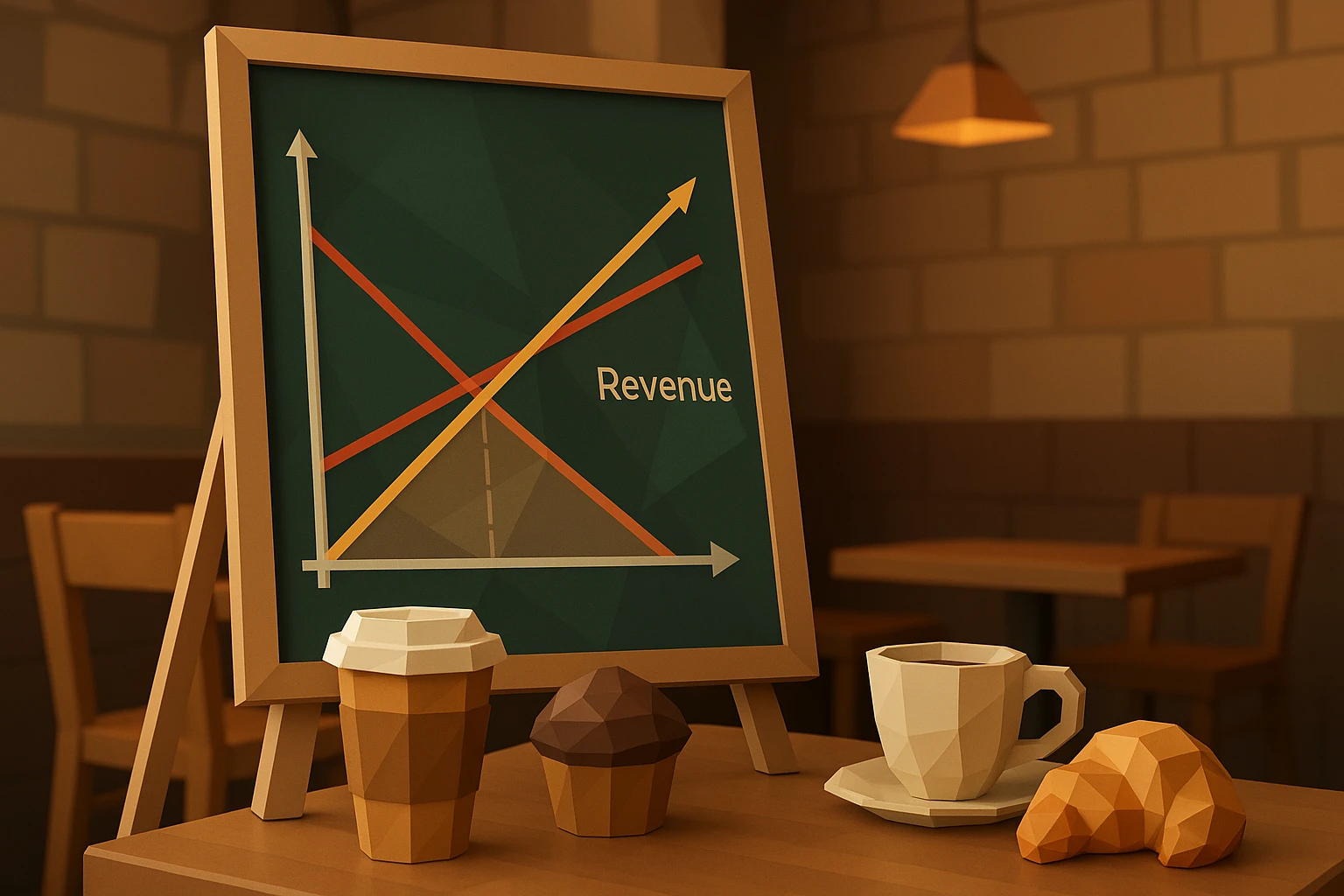 A chalkboard in a cafe setting features a detailed diagram illustrating the break even point, with colorful graphs of cost and revenue lines intersecting, alongside coffee cups and pastries on the table nearby.