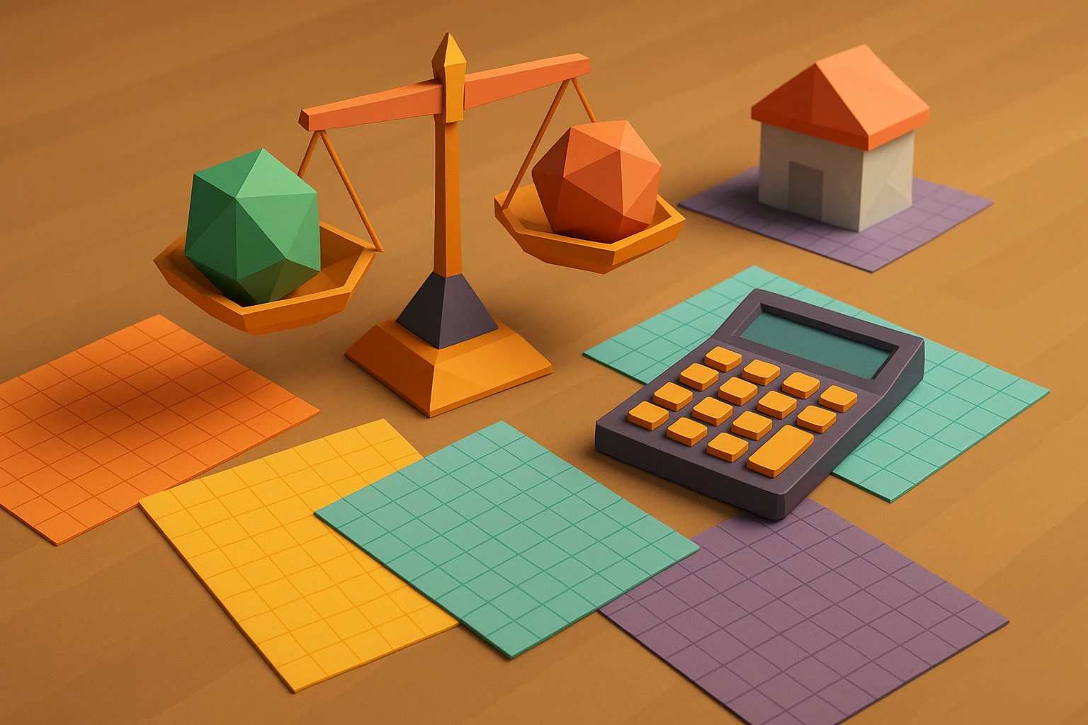 A tabletop filled with assorted brightly colored graph paper, a calculator, and a set of scales, with a model of a prototype product in the background, highlighting the concept of balancing costs and revenue.
