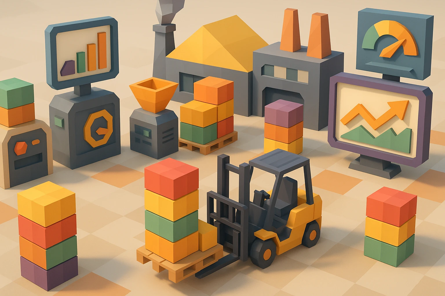 A factory floor with stacks of colorful product boxes ready for shipment, a forklift moving pallets, surrounded by machinery and vibrant signs highlighting key performance metrics.