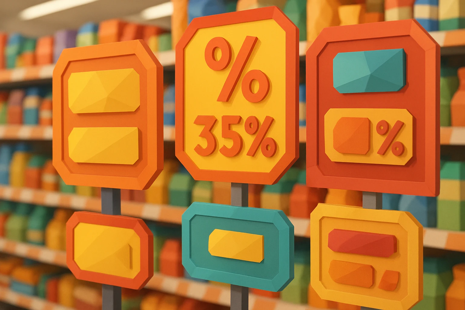 A close-up of various product labels and price tags in a bright supermarket aisle, each showing clear margins and profit statistics, with a focus on the colorful labels and their detailed numbers.