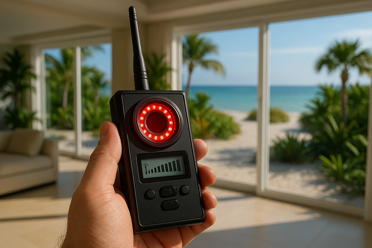 A close-up of a handheld bug detection device scanning the interior of a luxurious villa on Sanibel Island, with a view of the ocean through large windows in the background, surrounded by tropical plants and sandy pathways.