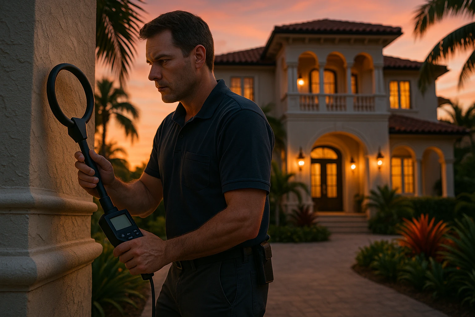 A technician carefully examines the exterior of a Sanibel Island mansion at sunset, using a handheld nonlinear junction detector near the tropical landscaping, with the elegant architecture softly illuminated in the warm glow of the fading light.
