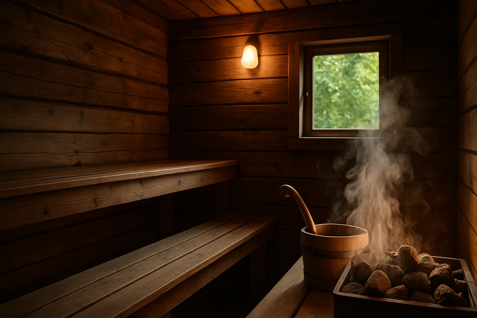 A rustic wooden sauna with soft, warm lighting, steam gently rising from heated stones, and a bucket of water with a ladle nearby, surrounded by lush greenery visible through a small window.
