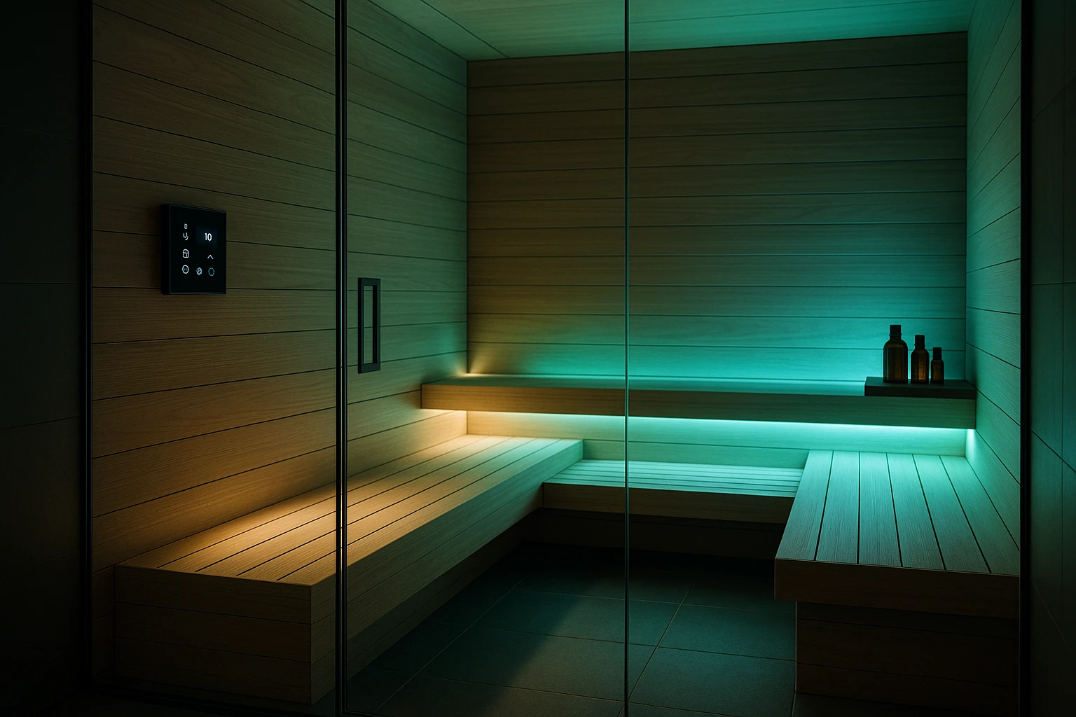 A modern sauna room with sleek glass walls, showcasing a digital control panel on the wooden wall, while soft LED lights in shades of blue and green provide an ambient glow, and aromatherapy oils sit on a small shelf nearby.