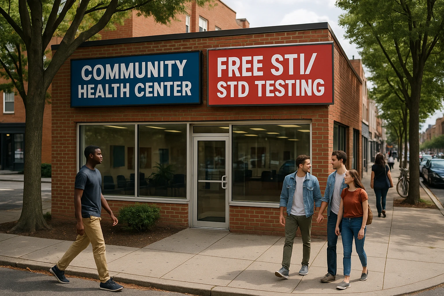 A community health clinic's exterior in Glen Burnie with a sign promoting free STI/STD testing, situated in a vibrant urban area amidst trees and pedestrians passing by.