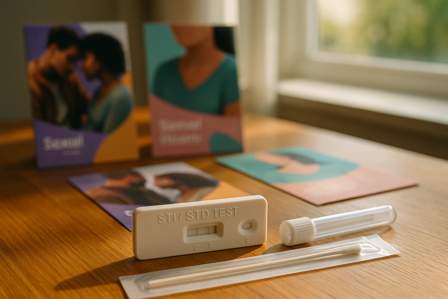 A close-up of a medical test kit for STI/STD detection displayed on a wooden table, surrounded by informational brochures about sexual health, with a window in the background letting in sunlight.