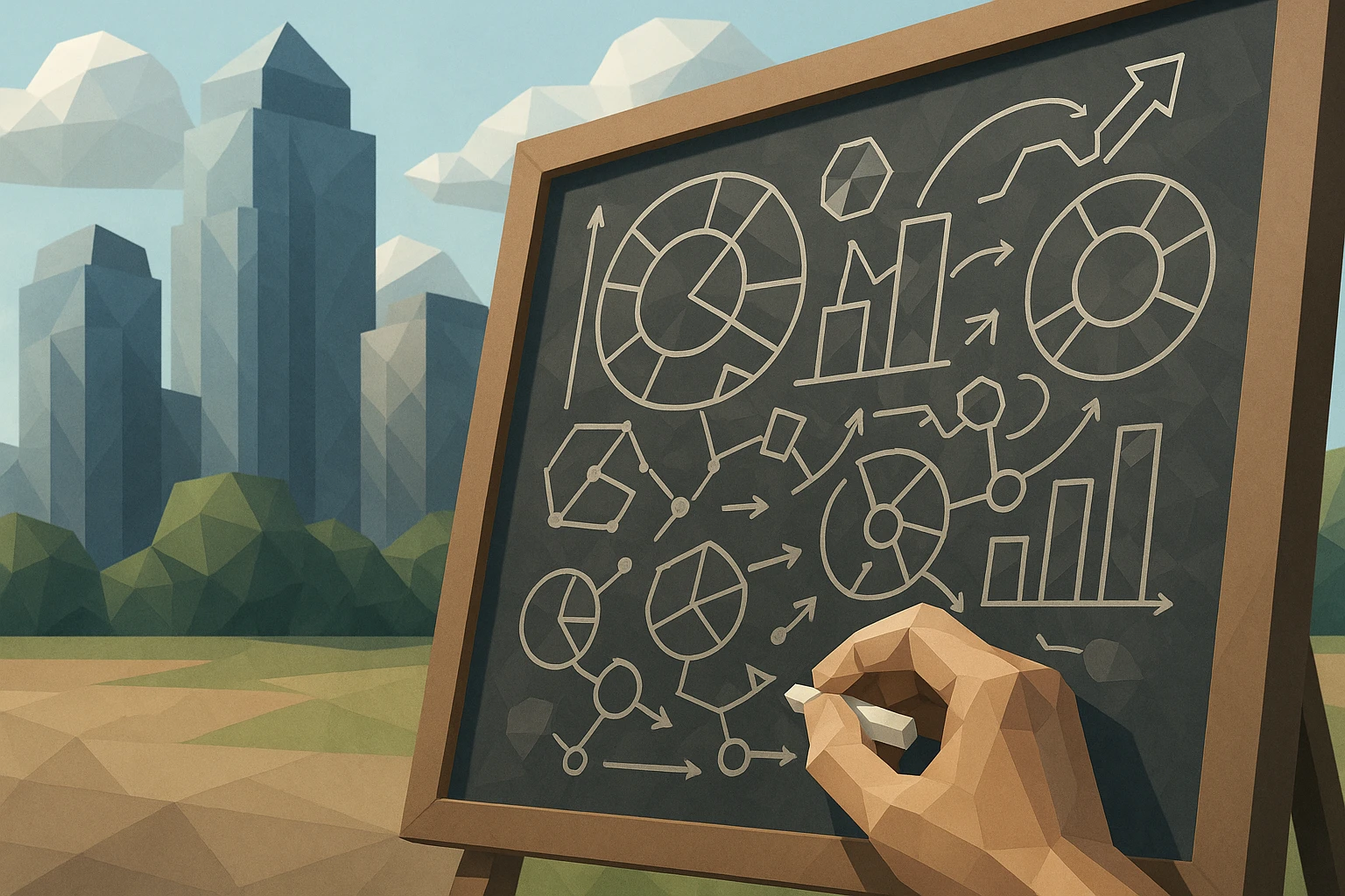 A close-up of a hand sketching a detailed business plan diagram on a large chalkboard, set outdoors against a backdrop of urban skyscrapers.