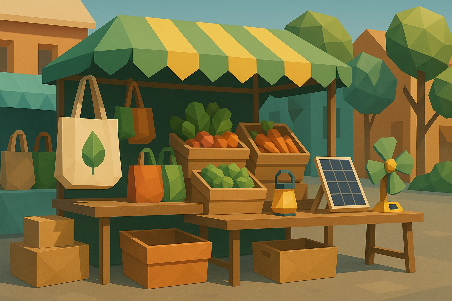 A vibrant street market scene showcasing a variety of eco-friendly products, with colorful displays of reusable bags, organic produce, and solar-powered gadgets, highlighting the trend towards sustainable solutions.