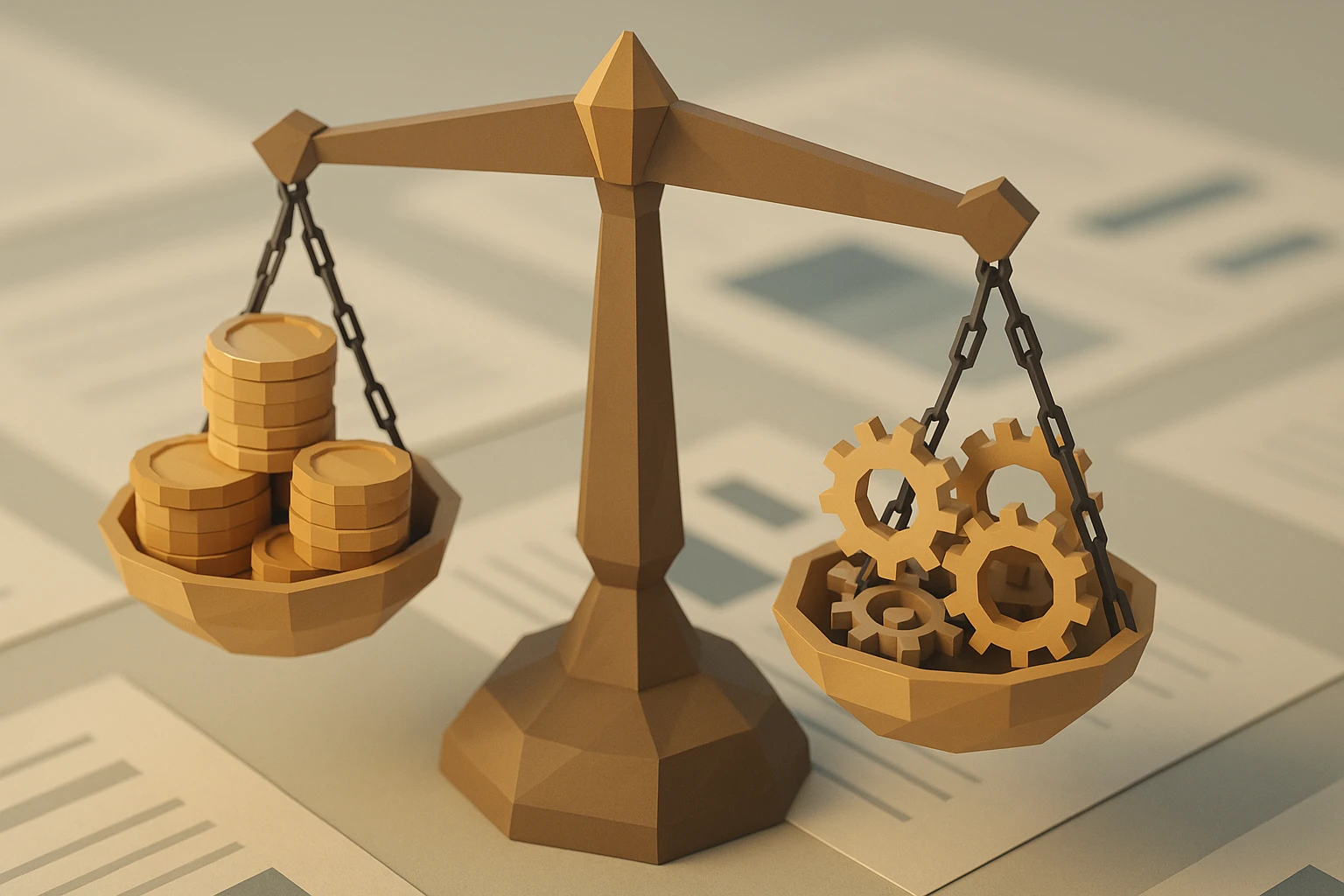 A detailed close-up of a balance scale with various coins and tiny gears on either side, symbolizing the intricate analysis of costs and revenues, set against a blurred background of financial documents.