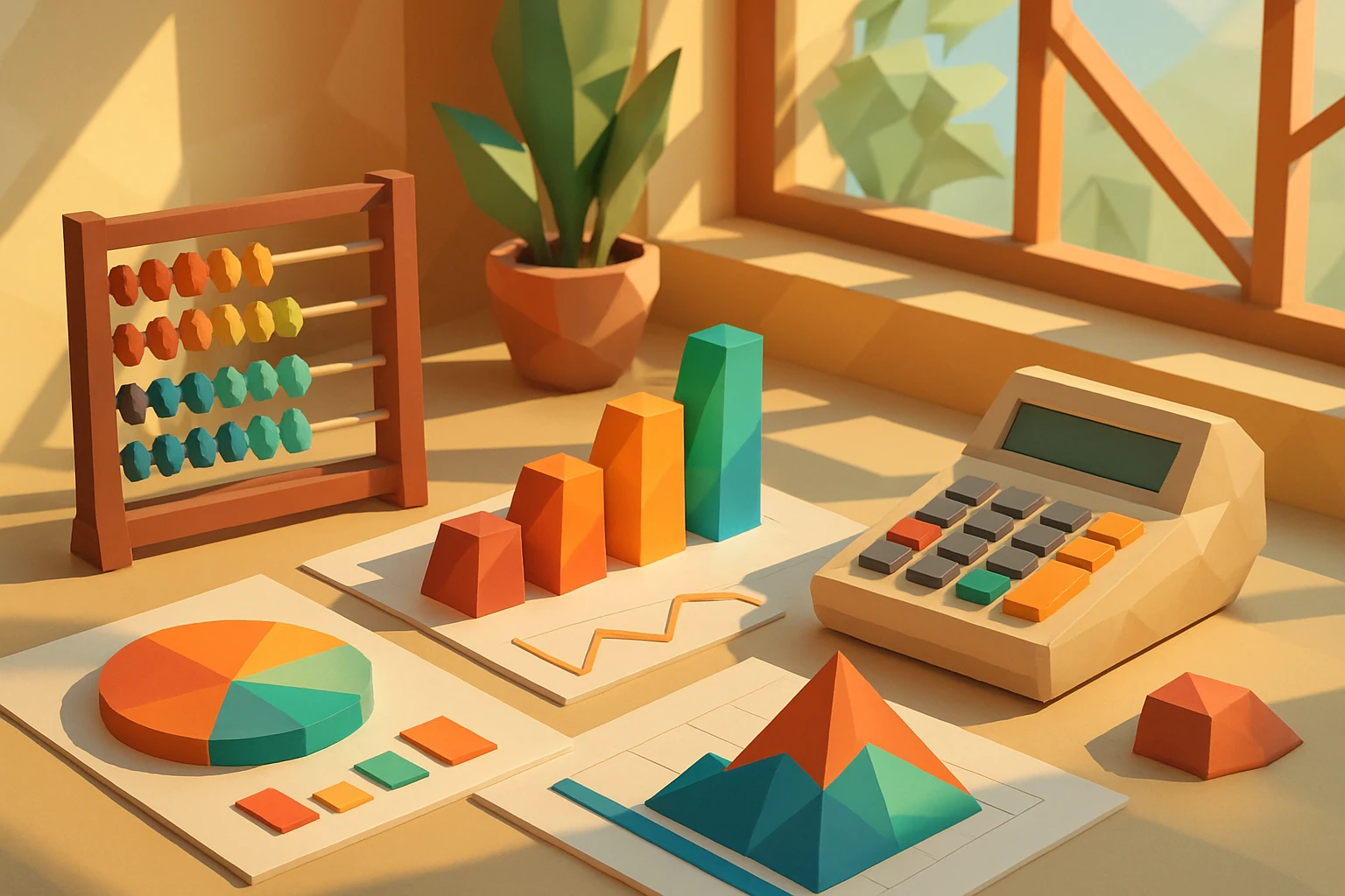An assortment of colorful charts and graphs displayed on a table alongside an abacus and a vintage calculator, set against a backdrop of a sunlit window with plants, symbolizing the analytical approach to financial management.