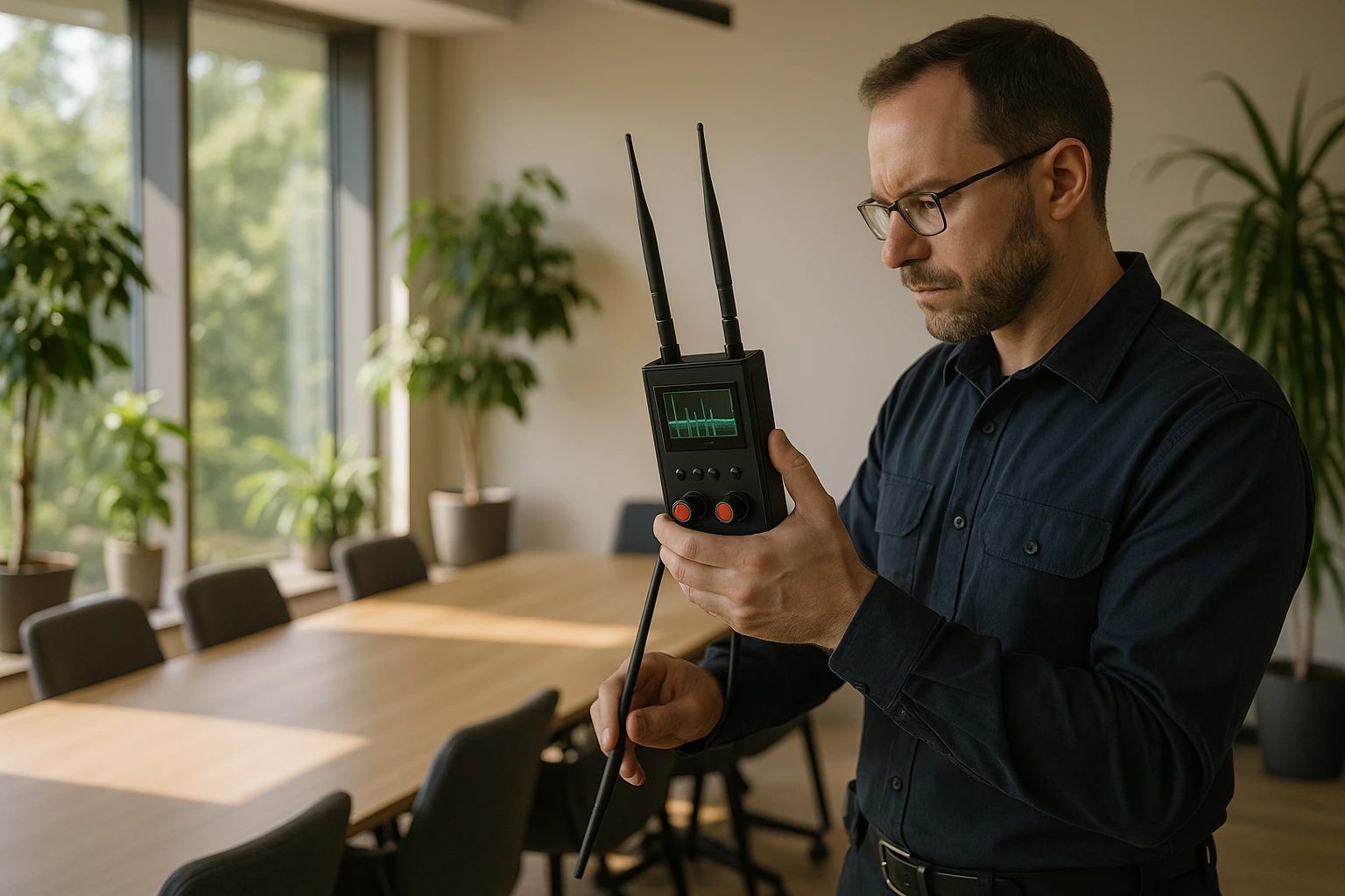 A technician carefully examines a conference room with a handheld RF detector, surrounded by potted plants and large windows letting in natural sunlight, symbolizing a thorough TSCM bug sweep in a peaceful setting.