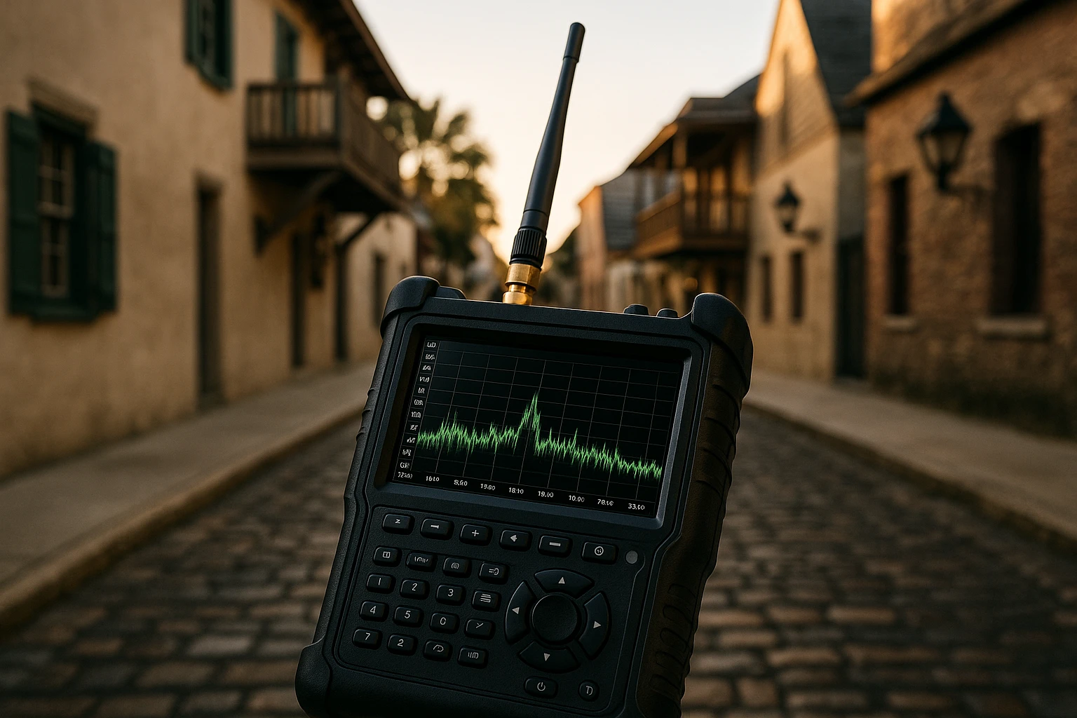 A close-up of a sophisticated handheld spectrum analyzer detecting frequencies, set against the backdrop of a historic cobblestone street in Saint Augustine, Florida, highlighting advanced TSCM bug sweep technology in a classic environment.