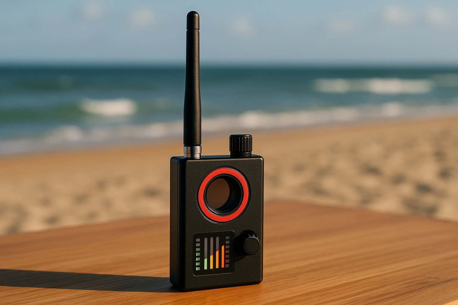 A close-up image of a compact RF detector placed on a wooden table, with the sandy beaches of St. Petersburg and distant waves visible in the background, symbolizing the intersection of technology and the local environment.