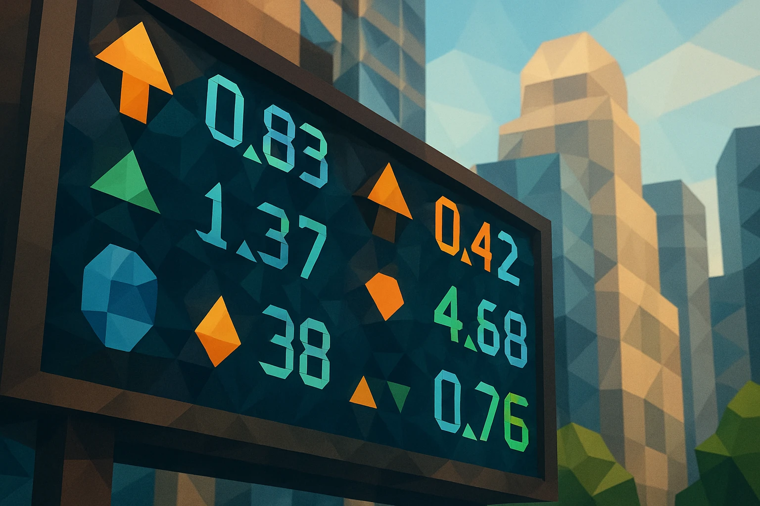 A close-up of a stock market ticker display outdoors, showing fluctuating numbers and company symbols in bright colors against a cityscape background, reflecting the dynamic nature of market trading.