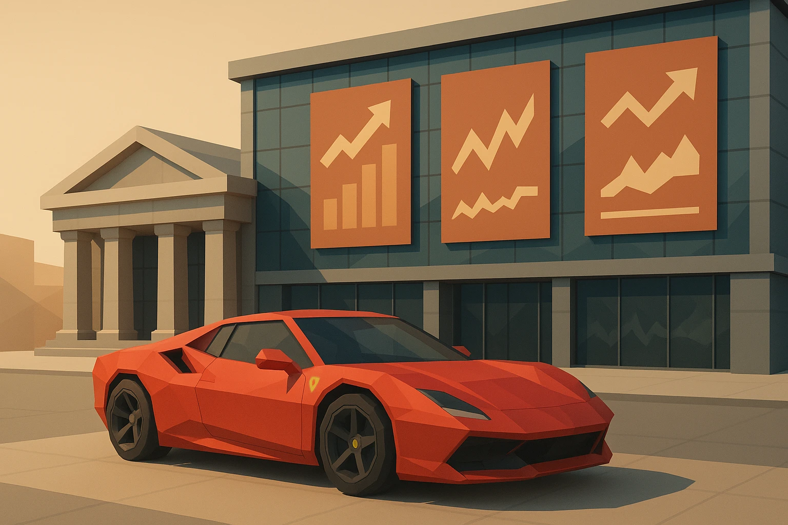 A red Ferrari sports car parked in front of a modern stock exchange building, with large banners displaying stock symbols and financial graphs projected onto the building's glass facade.