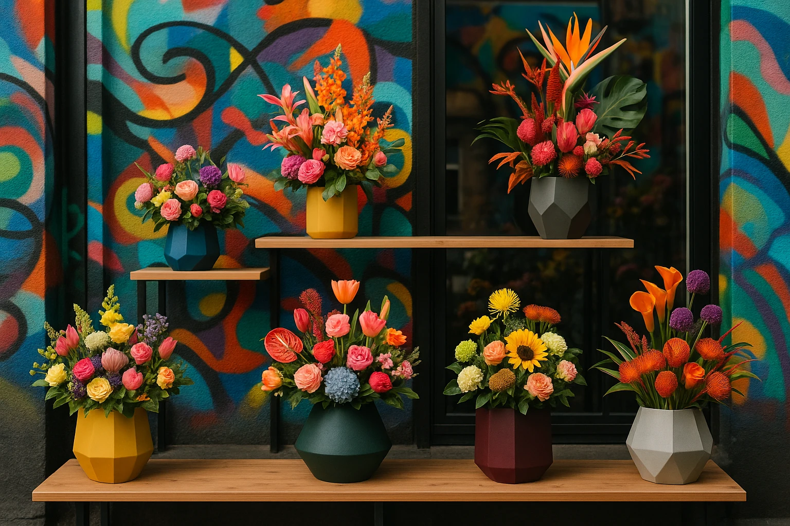 A vibrant storefront in Berlin showcasing an array of uniquely arranged floral bouquets, with modern geometric planters and exotic blooms artfully displayed on wooden shelves against a backdrop of colorful street art.
