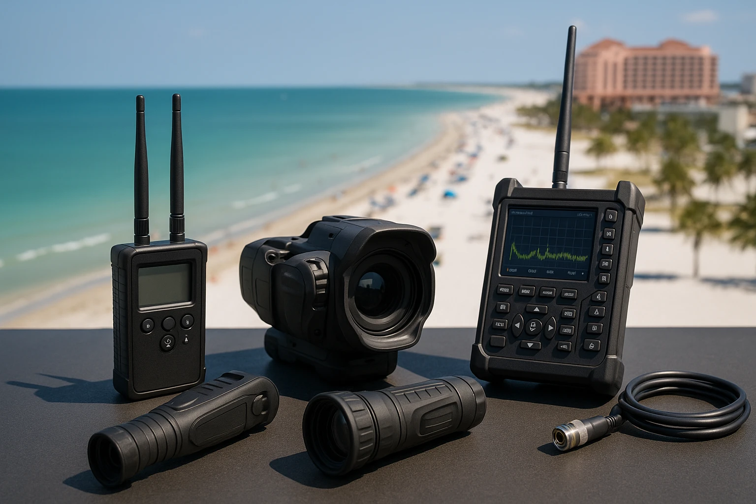 A collection of specialized equipment including RF detectors, thermal imagers, and spectrum analyzers spread out on a table with Clearwater Beach visible in the background.