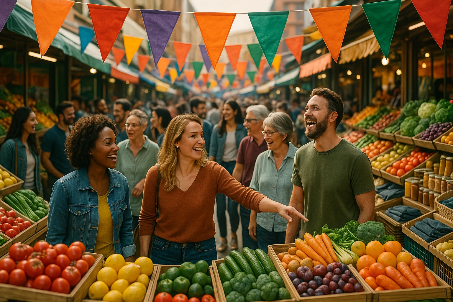 A bustling outdoor market scene where colorful banners display customer loyalty programs, a variety of products arranged vibrantly in stalls, and groups of people engaging enthusiastically, epitomizing a thriving community built on customer retention.