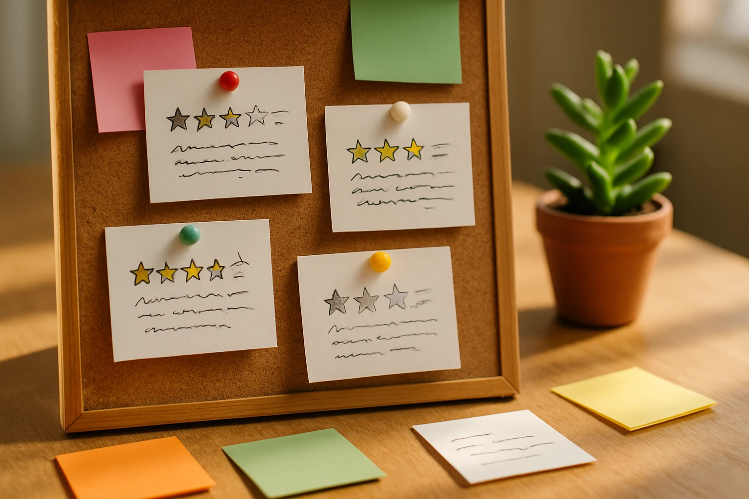 A close-up shot of diverse customer feedback cards pinned to a colorful corkboard, each card showcasing handwritten suggestions and star ratings, surrounded by vibrant sticky notes and a small potted plant on a sunlit wooden table.