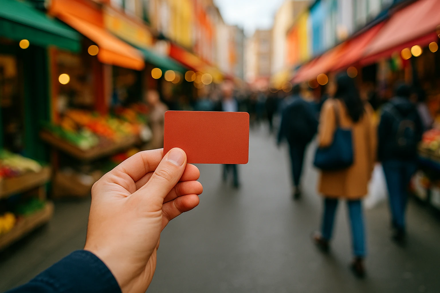 A customer holding a rewards card against the backdrop of a vibrant street market, surrounded by colorful storefronts and bustling shoppers.