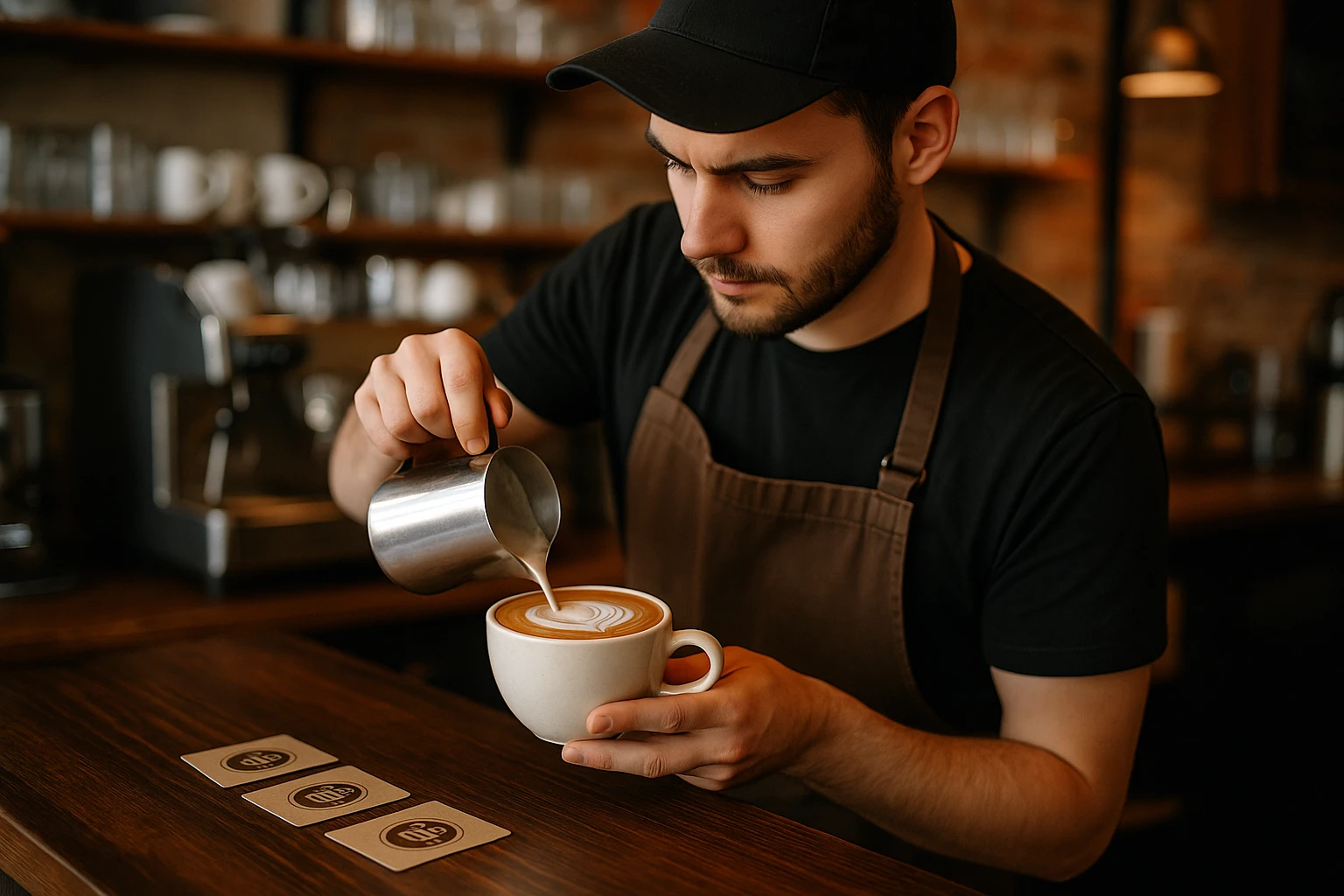 A barista in a cozy café preparing a latte with a heart-shaped foam design, while loyalty cards featuring the café's logo are displayed on the counter.