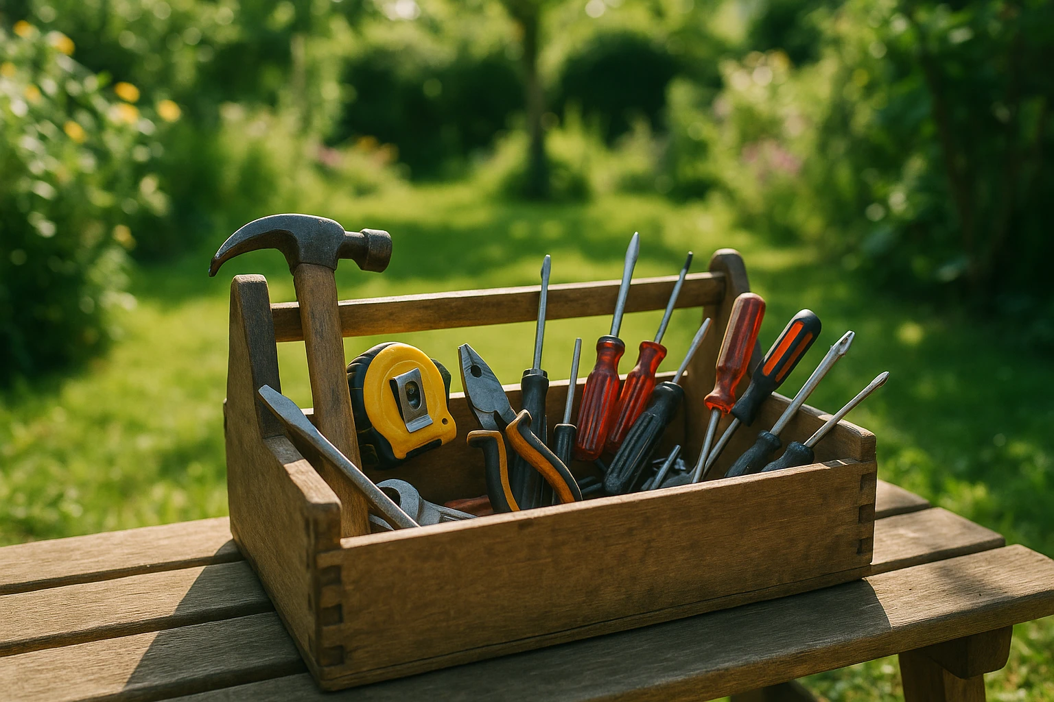 A toolbox filled with diverse tools like hammers, screwdrivers, and tape measures sits on a wooden bench in a sunlit garden, illustrating tangible solutions addressing specific user jobs in a hands-on setting.
