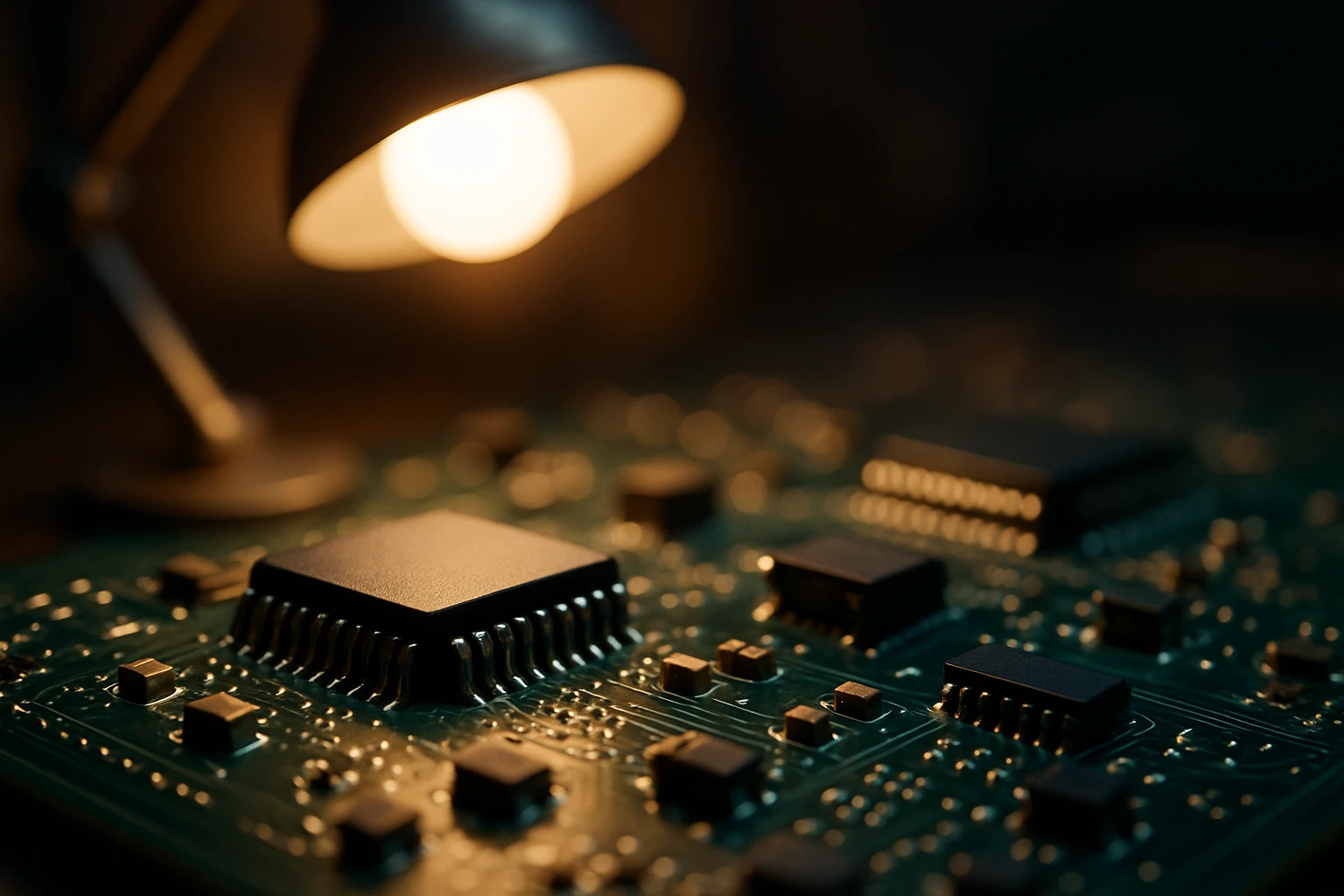 A close-up of a circuit board, scattered with microchips and resistors, illuminated by a bright workshop lamp, symbolizing innovative technological solutions designed to meet user needs.