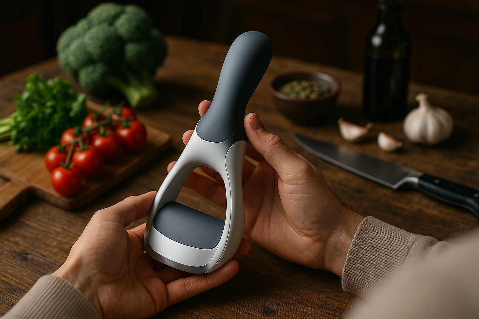 A customer examines a sleek, ergonomic kitchen gadget displayed against a rustic wooden table, considering its usability for making daily meal preparation more efficient, set against a backdrop of fresh ingredients and culinary tools.
