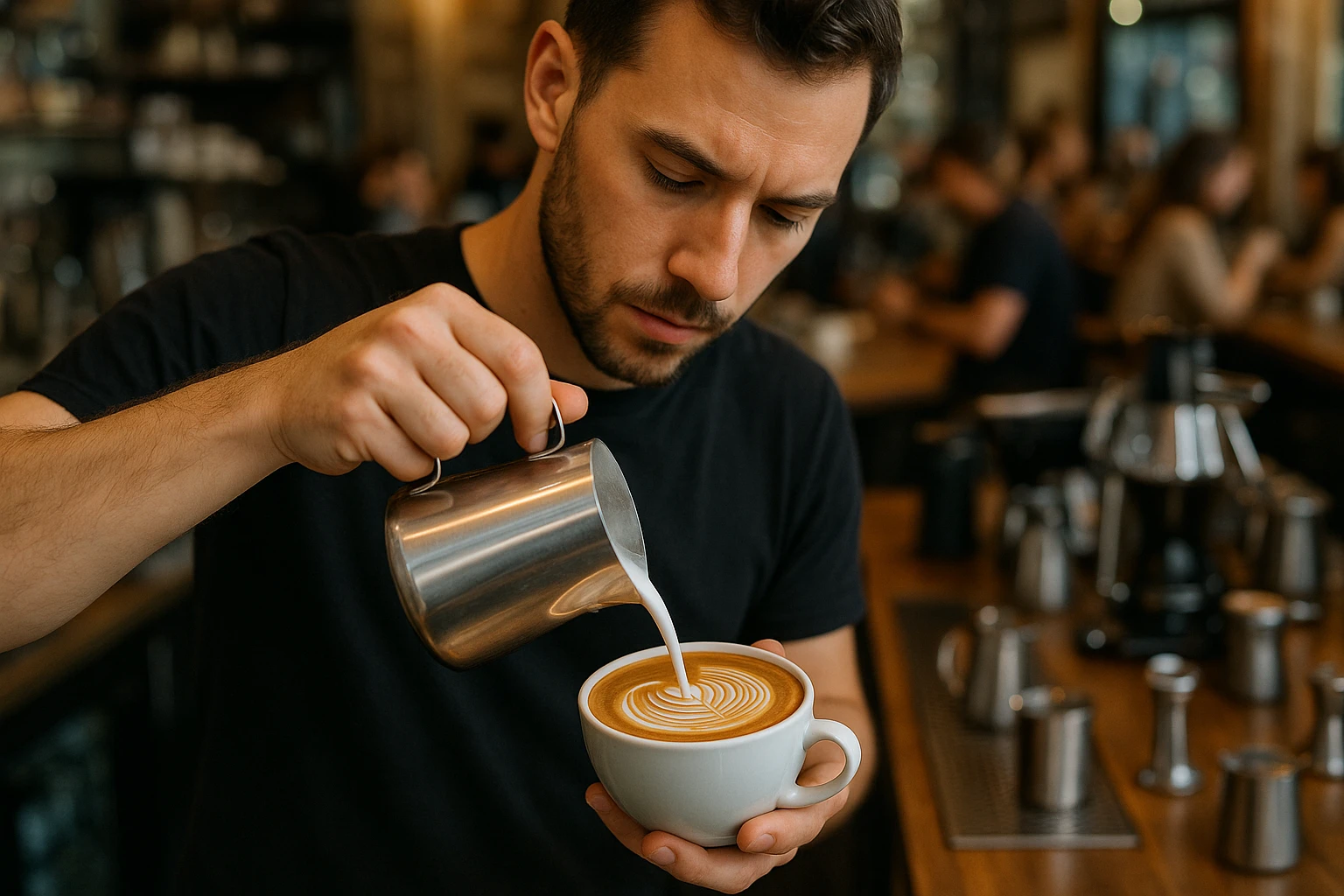 A barista carefully pours steamed milk into a perfectly brewed espresso shot, forming an intricate latte art pattern, with a busy café backdrop showcasing various coffee brewing tools and patrons enjoying their drinks.
