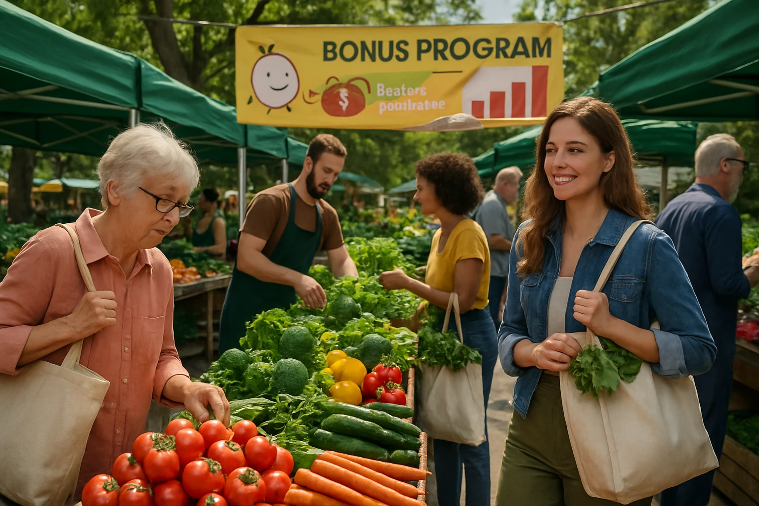 A vibrant outdoor farmer’s market with vendors displaying fresh produce, customers holding reusable shopping bags, and a banner advertising a loyalty program with discounts for frequent shoppers.
