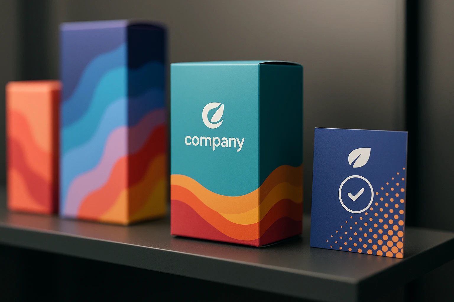 A close-up of colorful, custom-branded product packaging on a sleek display shelf, highlighting a company logo and a small sign promoting a customer loyalty program through innovative designs and quality assurance messages.