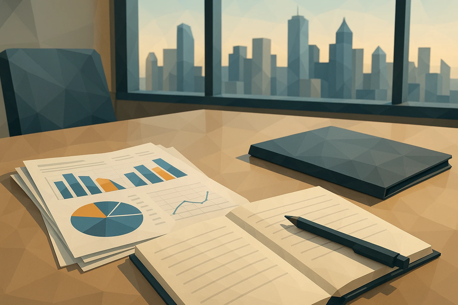 A close-up of a modern conference table with a stack of detailed financial reports, a pen poised above a notebook with strategic notes, and a sleek Hybris Corporate Finance folder, all set against a backdrop of a city skyline visible through a large window.