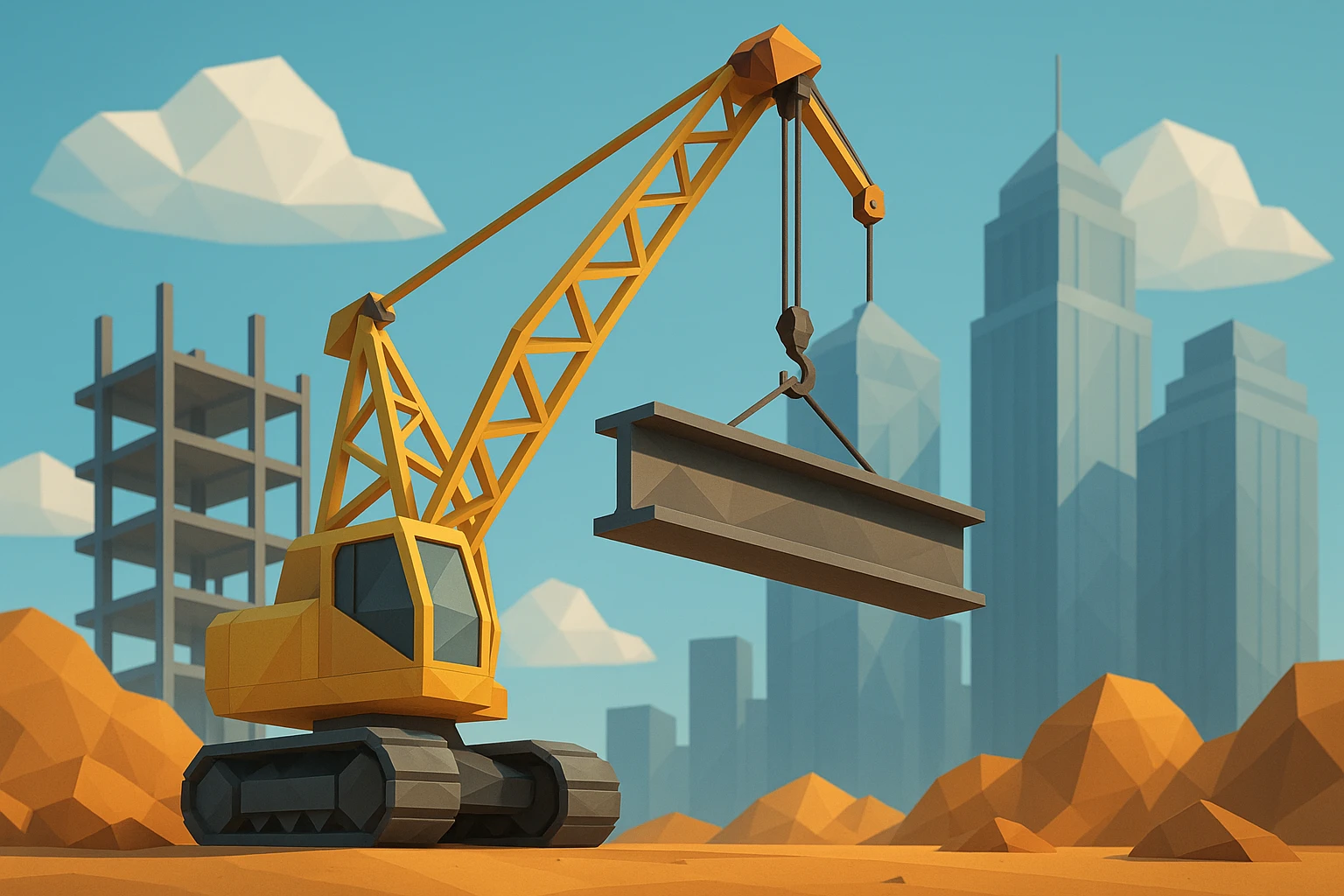A dynamic outdoor scene depicting a construction site where a large crane lifts a steel beam marked with 