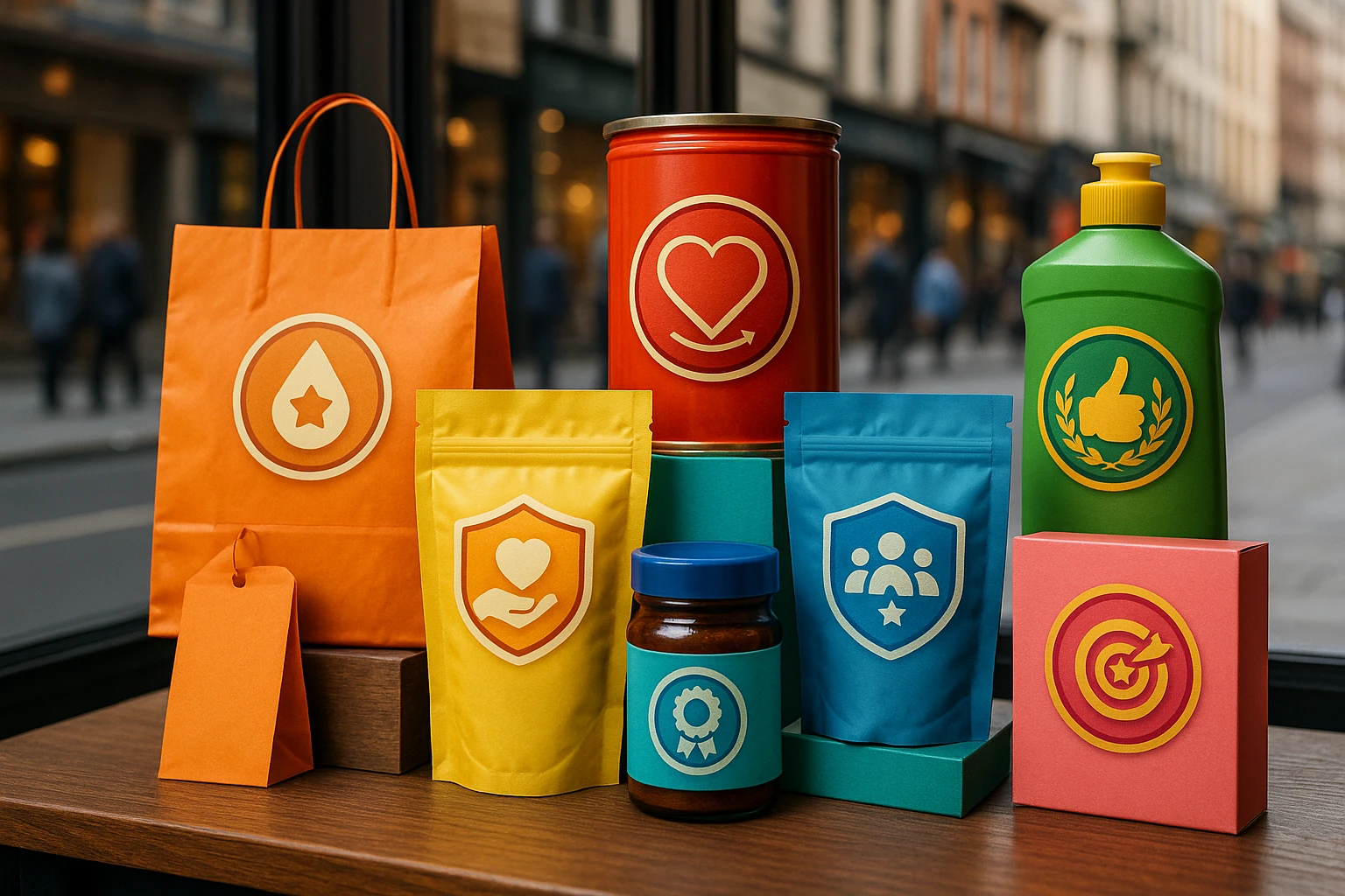 A dynamic storefront display featuring a diverse range of colorful, eye-catching packaging and products, each labeled with a unique loyalty badge symbolizing customer retention success, set against a bustling street background.