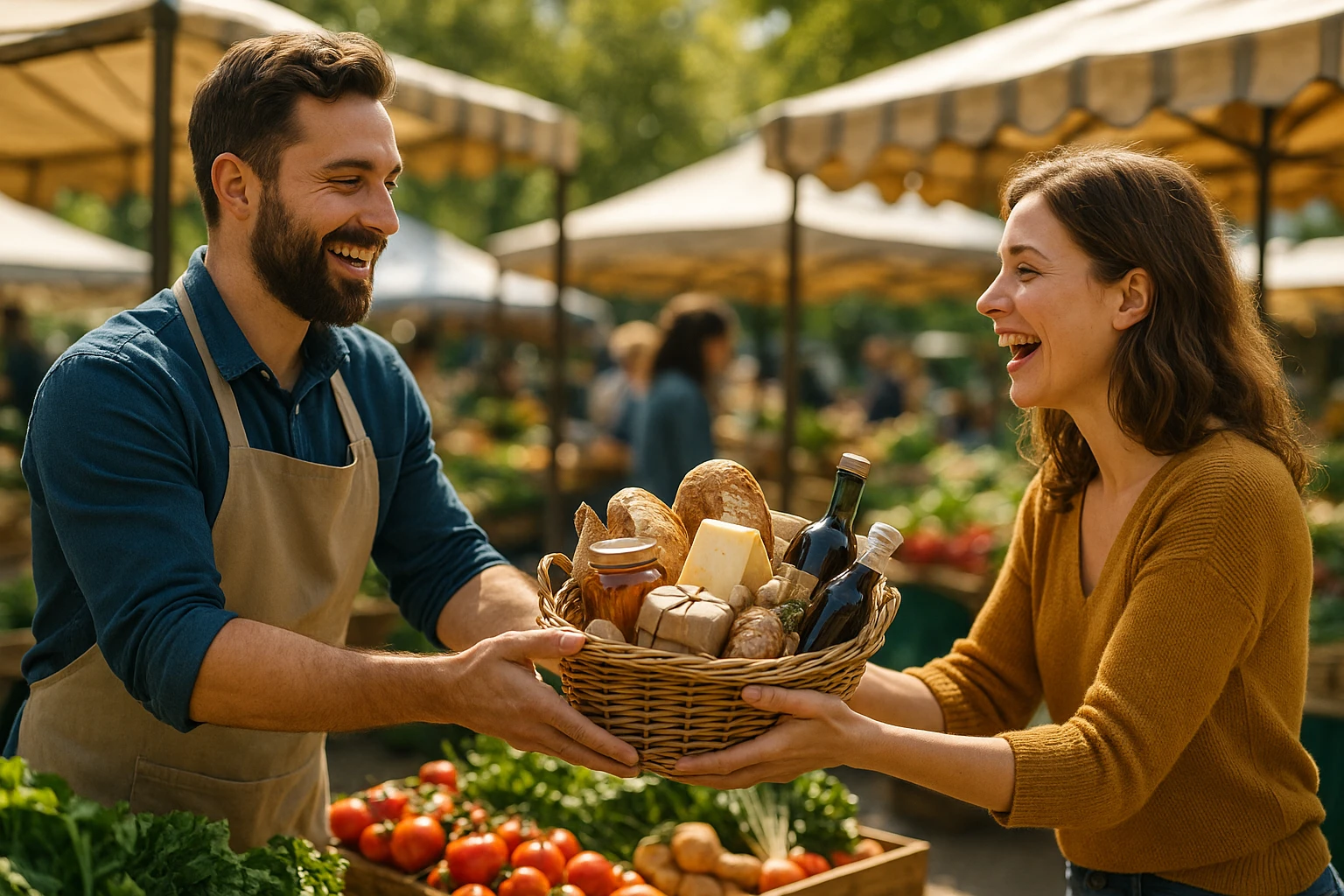 A vibrant outdoor farmer's market scene where a vendor hands a personalized gift basket filled with artisanal goods to a delighted customer, showcasing the principle of personalized customer experience in a lively and engaging way.