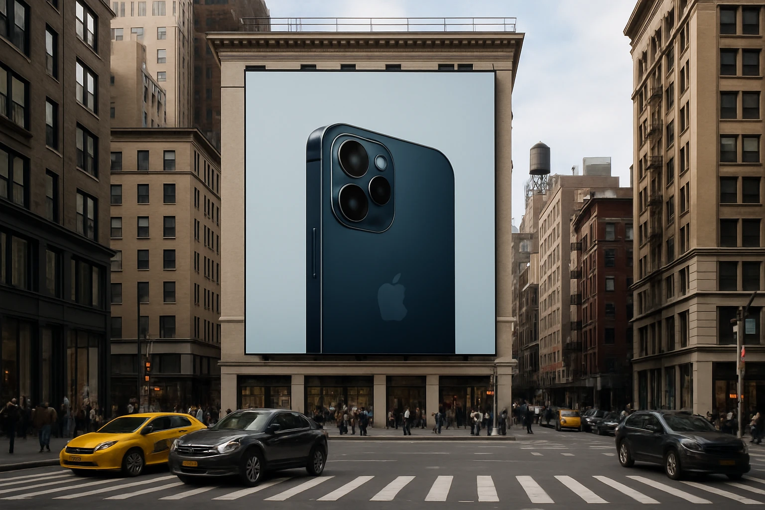 A city street scene with a large, vibrant billboard showcasing an Apple advertisement, featuring the sleek design of the latest iPhone against a minimalist background.