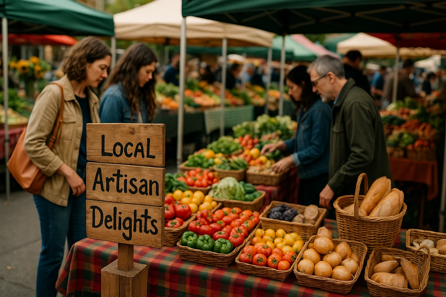 A bustling farmers' market with various colorful stalls, each displaying fresh produce and artisan goods. In the foreground, a handmade wooden sign reads 