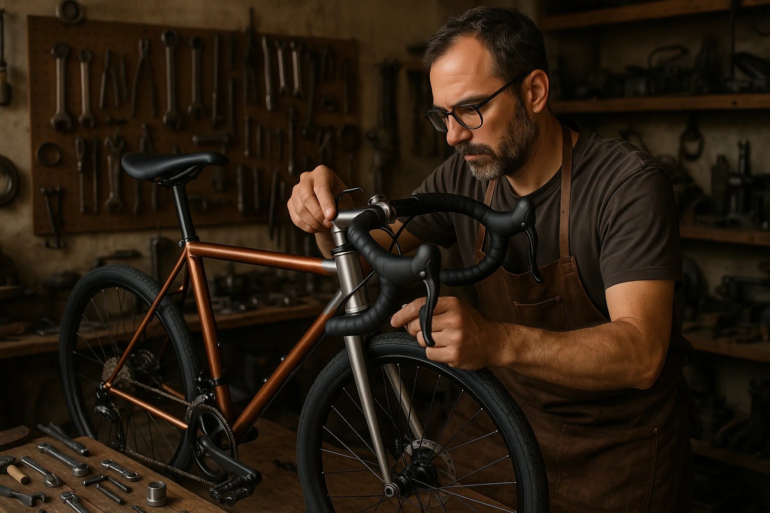 A craftsman in a workshop carefully assembling a unique, customized bicycle, surrounded by various hand tools and components, capturing the concept of creating a product that precisely fits a specific need.