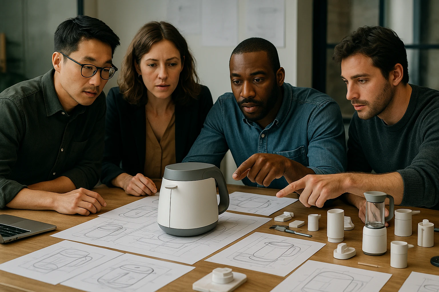 A group of designers gathered around a large table scattered with various prototypes and blueprints, intently discussing and pointing at a concept model of a sleek, innovative kitchen appliance.