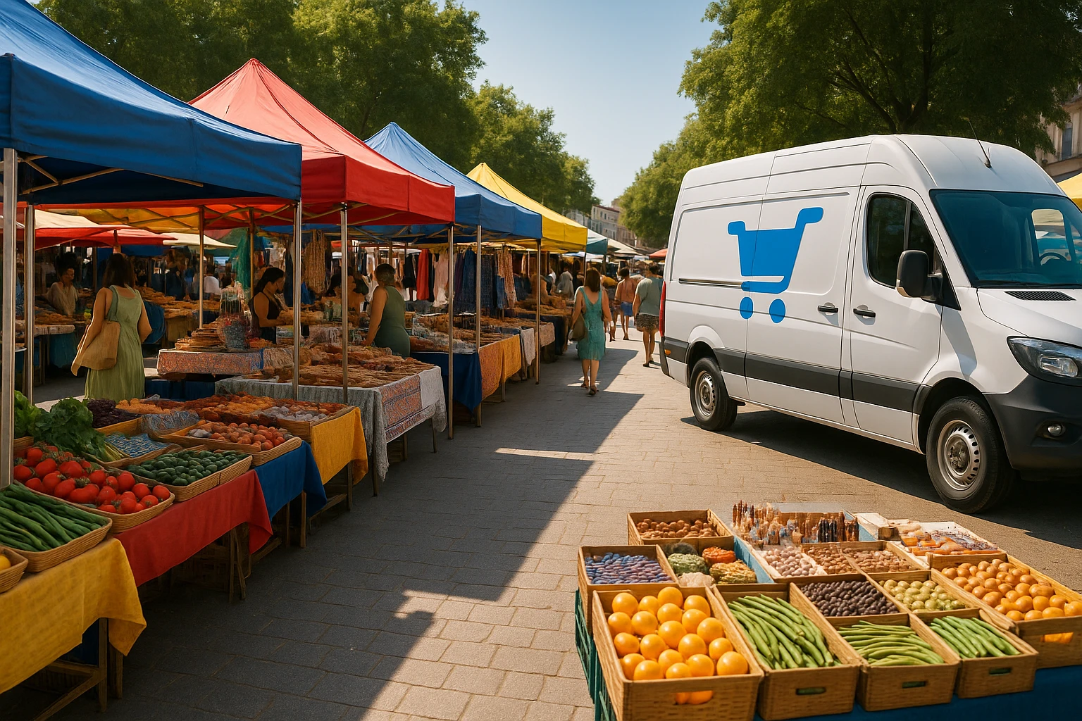 A bustling outdoor marketplace with rows of colorful stalls showcasing diverse products under bright, sunlit canopies; a branded e-commerce delivery van parked nearby, its logo prominently displayed.