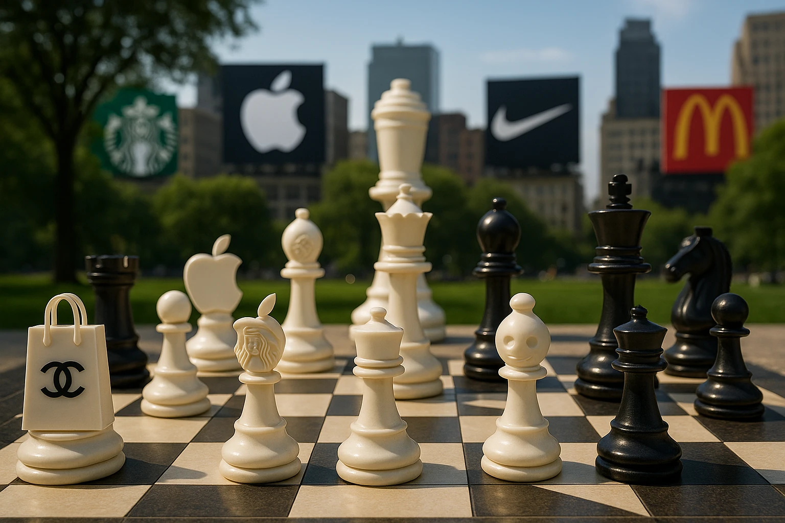An intricate chessboard set up in a park, with pieces depicting recognizable brands as chess pieces; the background features a skyline with billboards of competing companies, illustrating strategic positioning.