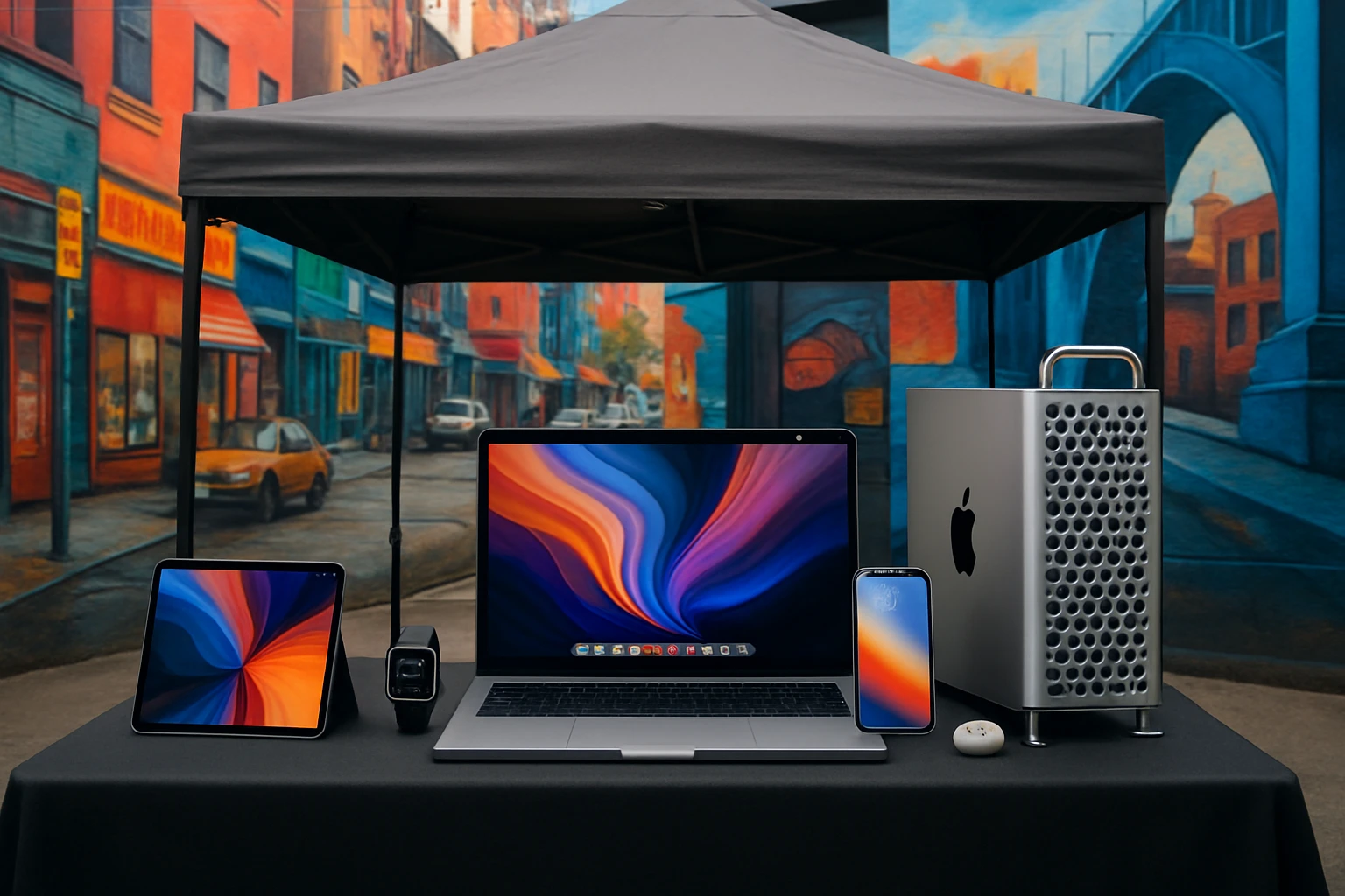 An outdoor market stall featuring an array of Apple products displayed against a backdrop of vibrant city murals, highlighting the brand's exclusivity and innovation amidst the bustling urban atmosphere.